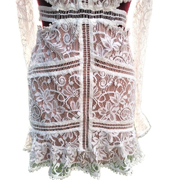 For Love & Lemons Emerie Dress White Lace Long Sleeve Open Back Mini Medium - Picture 4 of 10